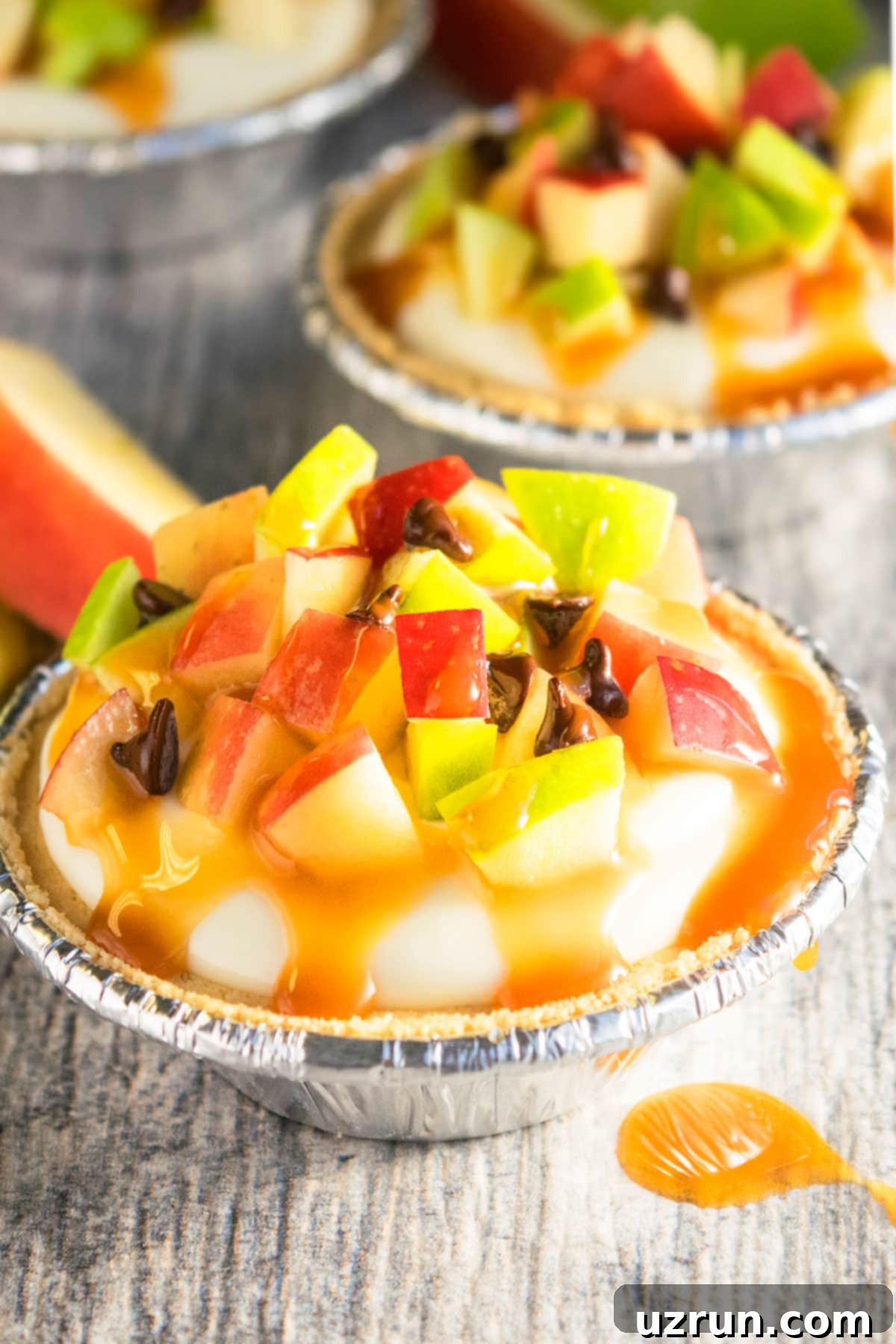Easy Caramel Apple Pie on Rustic Gray Background.