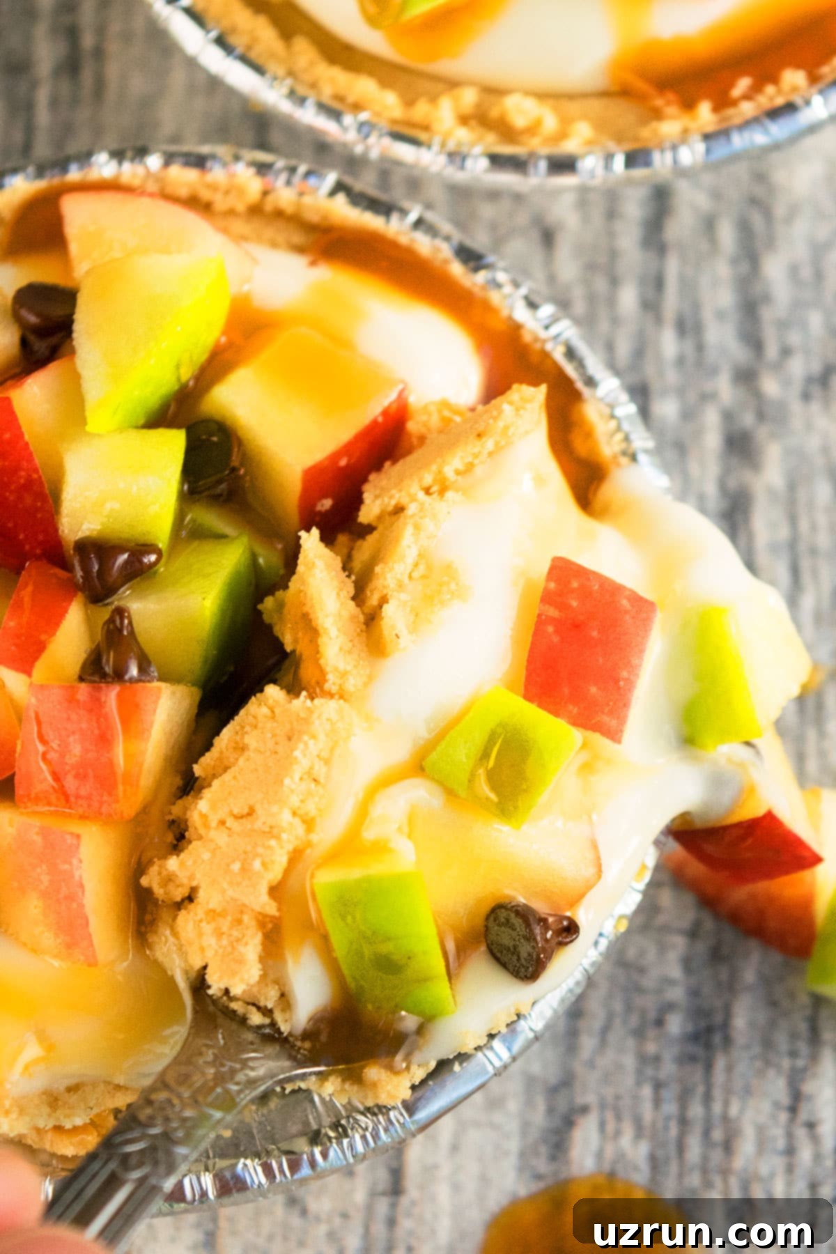 Easy No-Bake Caramel Apple Pie 3 Spoonful of Pie- Closeup Shot.
