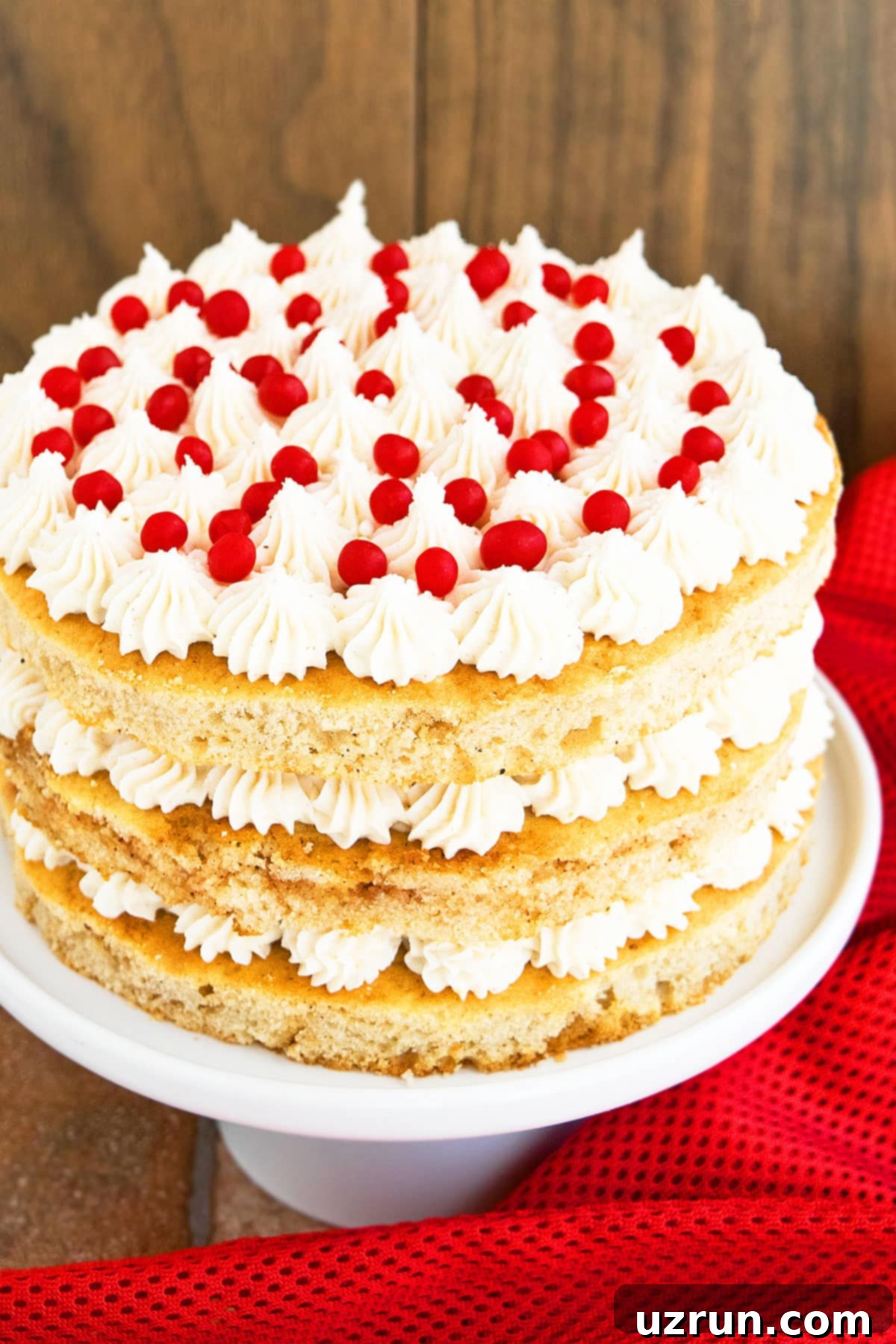 Easy Ginger Cake With Ginger Frosting on White Cake Stand on a Rustic Brown Background.