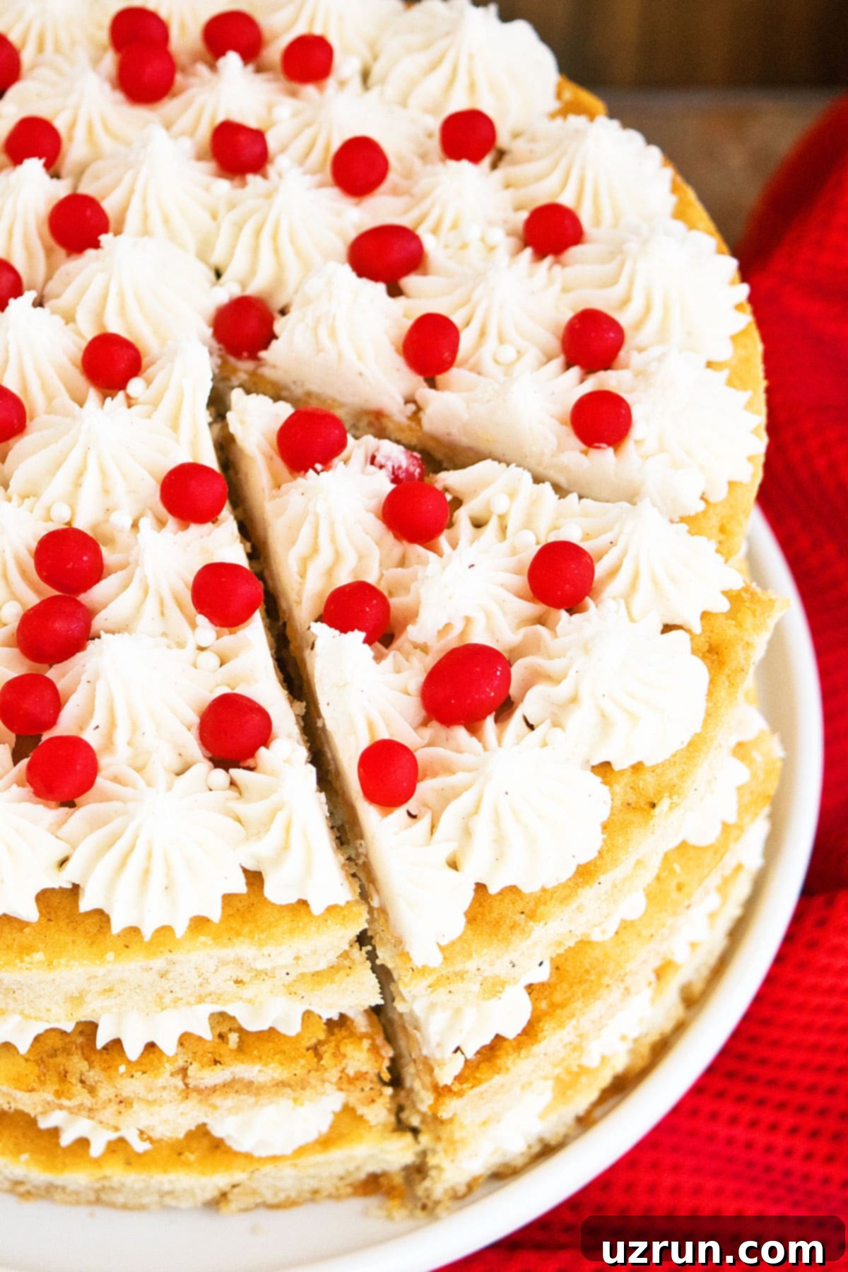 Quick Spiced Ginger Cake with Smooth Ginger Frosting 3 Sliced Round Layer Cake on Cake Stand.