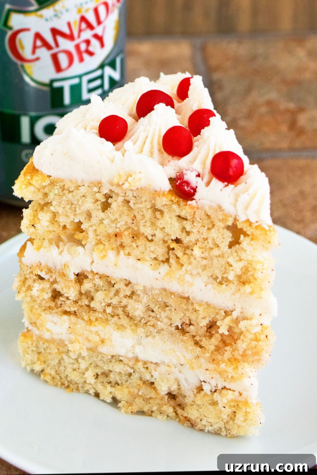 Quick Spiced Ginger Cake with Smooth Ginger Frosting 5 Slice of Cake on White Dish With Rustic Brown Background.