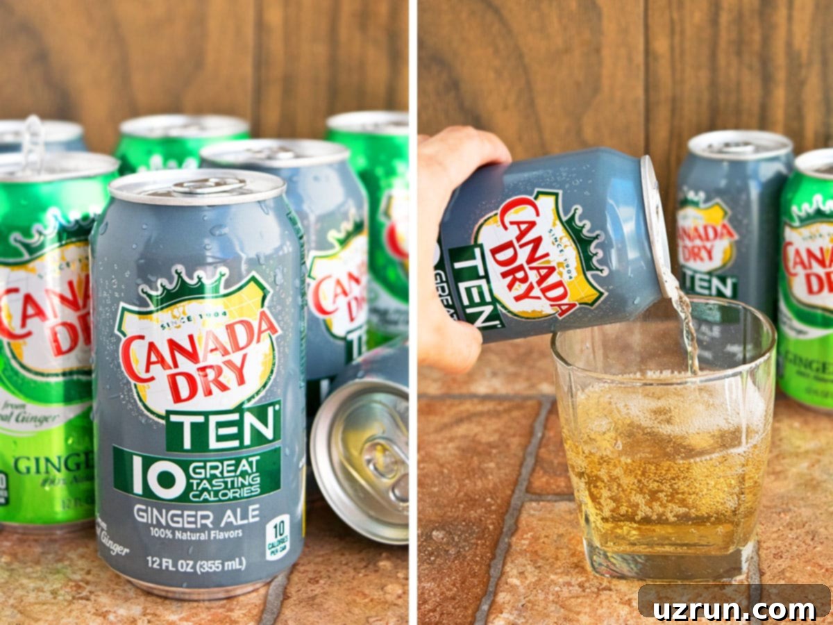 Quick Spiced Ginger Cake with Smooth Ginger Frosting 6 Collage Image of Canada Dry Ginger Ale Cans and Ginger Ale Being Poured in a Glass Cup.