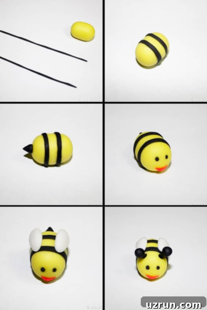 Bumblebee or Honey Bee Cupcakes 5 Collage image with step-by-step pictures showing how to make 3D fondant bee cupcake toppers (bumblebee or honey bee).