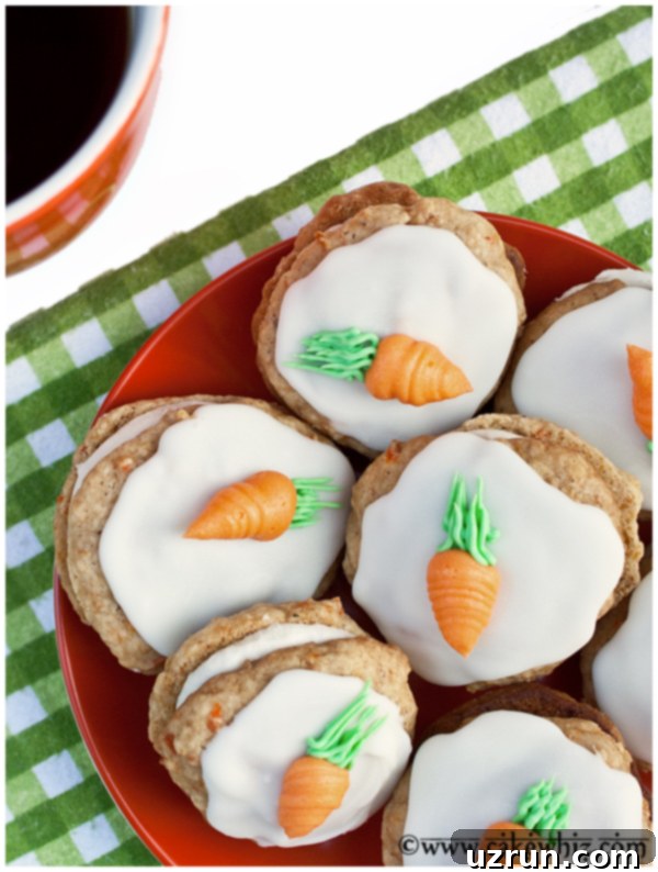 Spiced Carrot Cake Cookies 2 Decorated Carrot Cookies in Red Plate- Overhead Shot