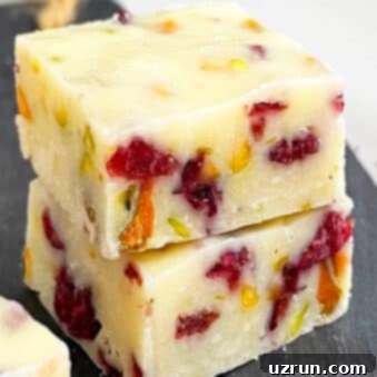 Cranberry Pistachio Condensed Milk Fudge 5 Stack of Easy Sweetened Condensed Milk Fudge With Cranberries, Pistachios on Black Base