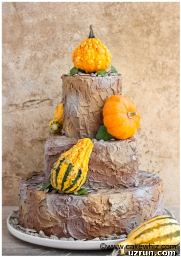 Tiered Rustic Cake With Small Gourds on White Dish With Rustic Background