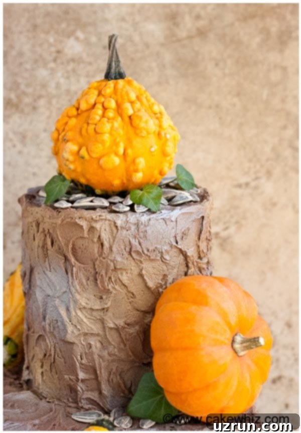 Easy Rustic Tiered Cake 3 Closeup Shot of Tiered Fall Cake With Mini Pumpkins on Brown Background
