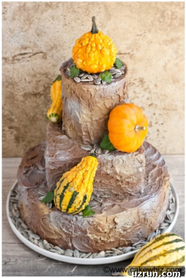 Easy Rustic Tiered Cake 4 Easy Homemade Rustic Birthday Cake or Wedding Cake For Fall, Autumn or Thanksgiving on White Dish- Overhead Shot