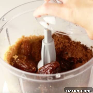 No-Bake Date Bars 4 Dates, cocoa powder, coconut and walnuts in food processor.