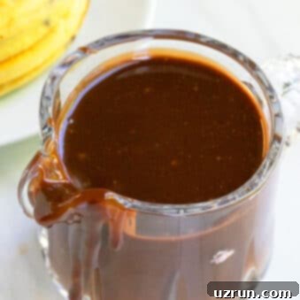 Decadent Warm Chocolate Fudge 4 Easy Homemade Hot Fudge Sauce in Glass in Small Glass Pitcher