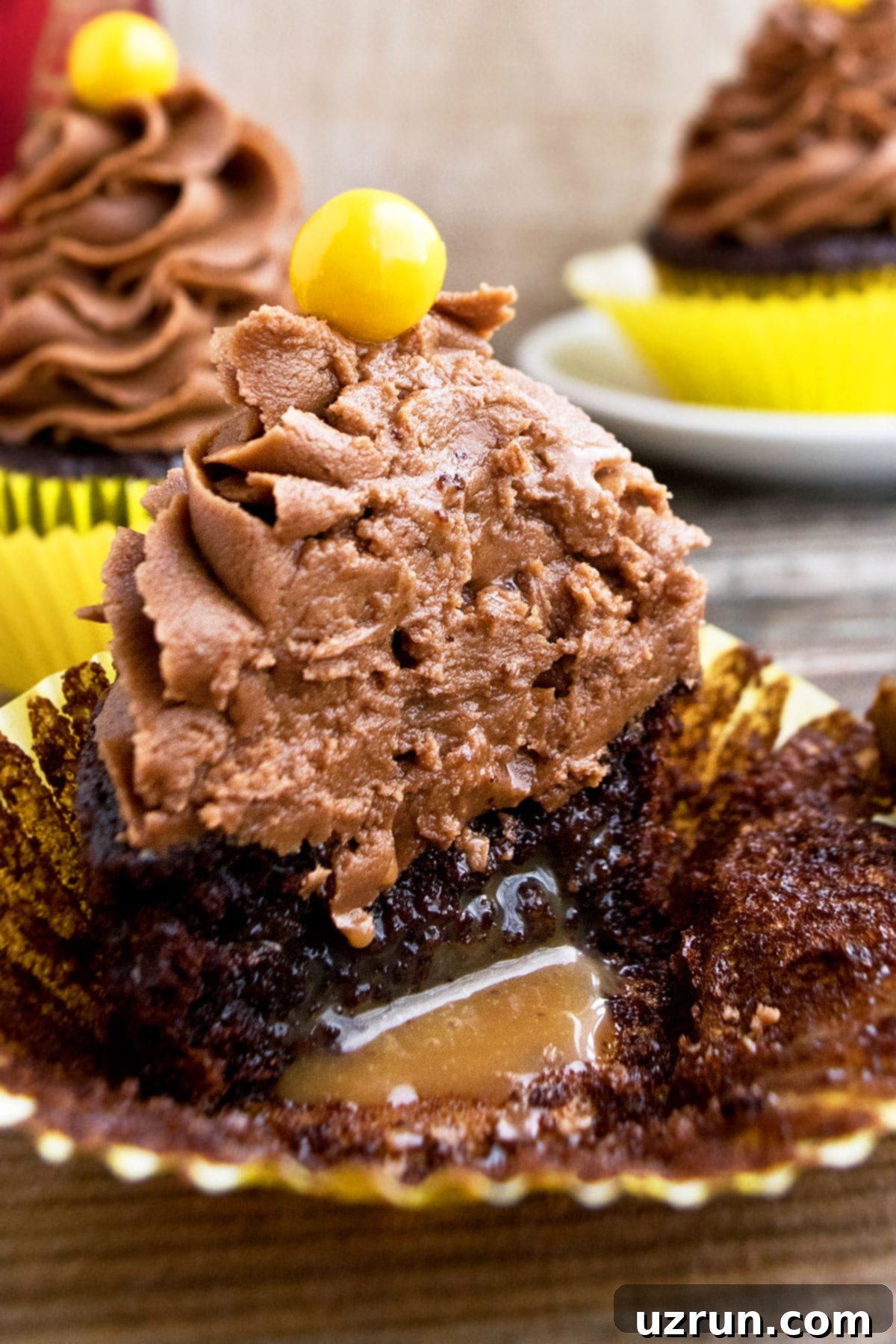 Mocha Coffee Cupcakes 4 Closeup Shot of Caramel Filling Inside Cupcake.
