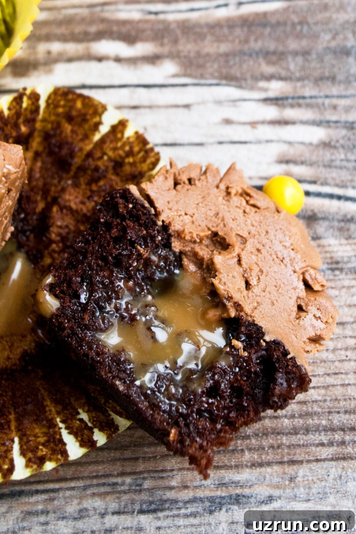 Mocha Coffee Cupcakes 5 Closeup Shot of Cupcake Cut in Half on Wood Background.