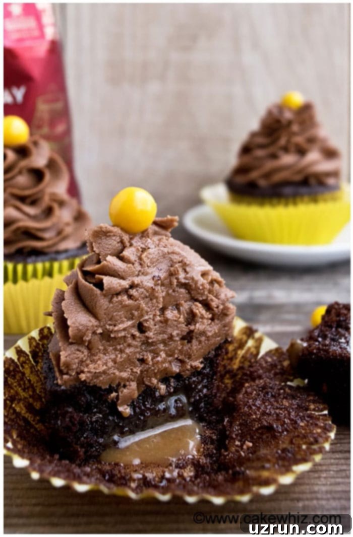 Crafting Cupcakes with Irresistible Fillings 8 Mocha Cupcakes Filled With Caramel Sauce on Rustic Wood Background