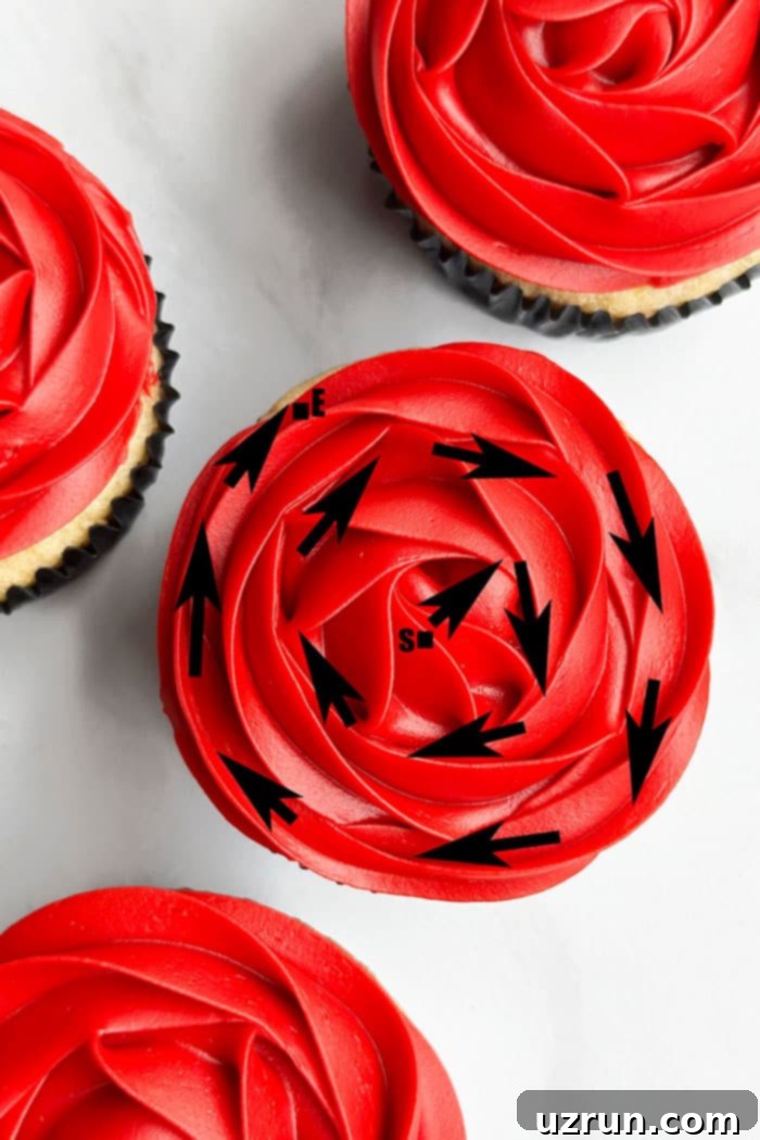 Petal-Perfect Red Rose Cupcakes 4 Information Image With Arrows To Show How to Pipe Buttercream Roses