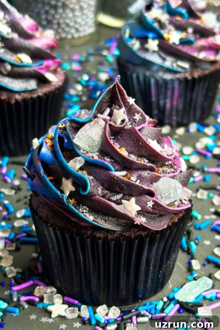 Easy Galaxy Cupcakes With Buttercream Icing Frosting Swirl and Sprinkles