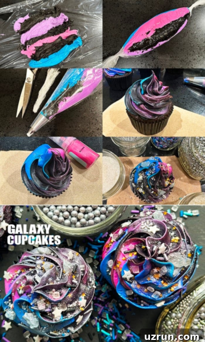 Buttercream Galaxy Cupcakes 3 Collage Image With Step By Step Pictures on How to Make Galaxy Cupcakes With Buttercream Icing (Frosting)