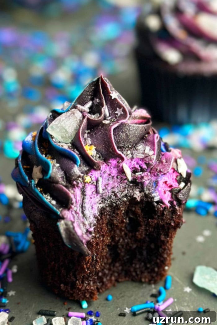 Buttercream Galaxy Cupcakes 4 Partially Eaten Chocolate Cupcake With Frosting Swirl on Black Background