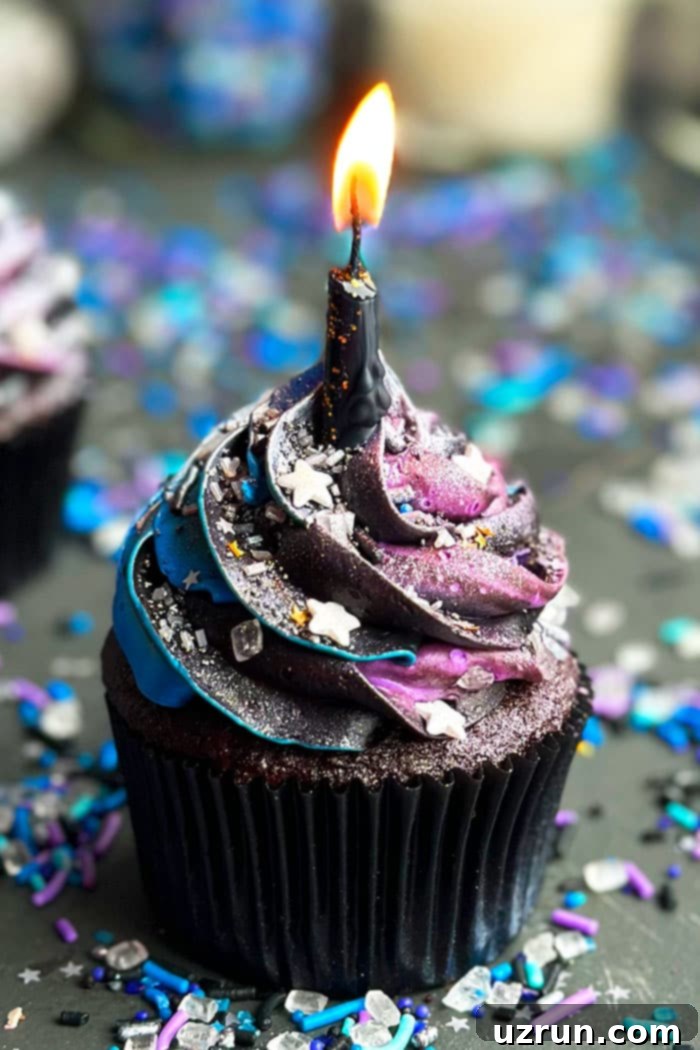 Buttercream Galaxy Cupcakes 5 Milky Way Cupcakes With Candle on Black Background