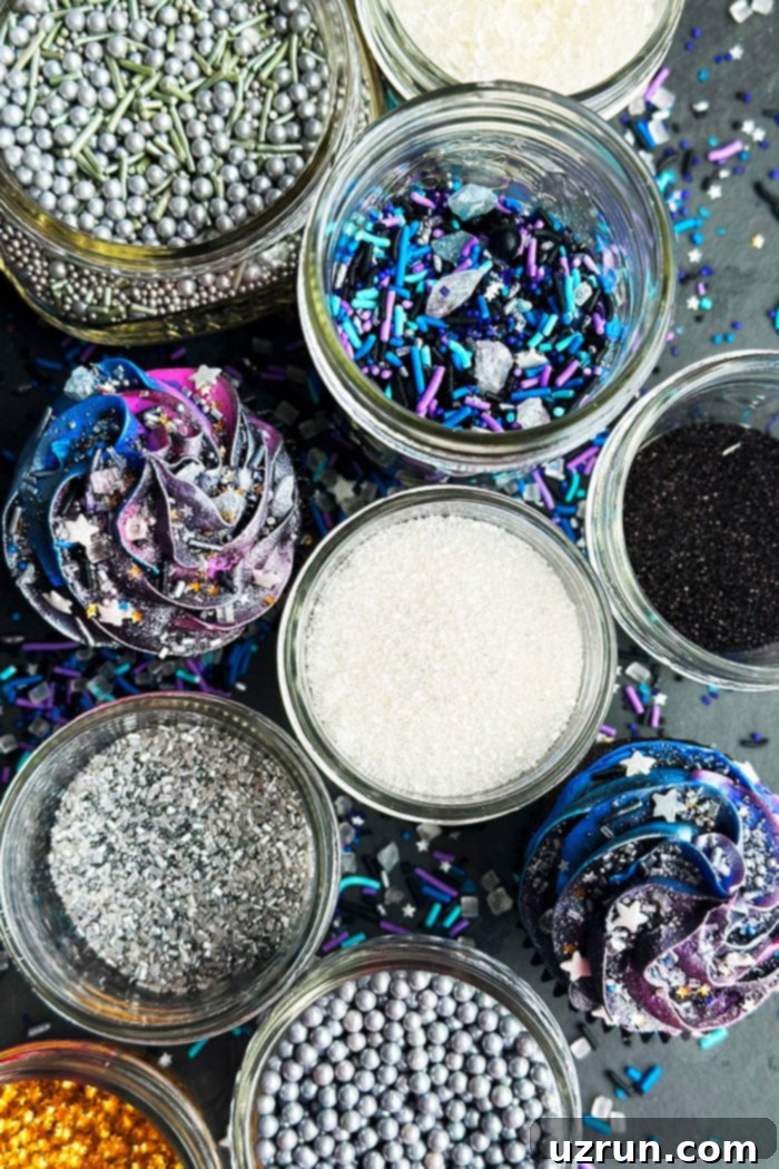 Buttercream Galaxy Cupcakes 6 Galaxy Sprinkles in Glass Jars on Black Background