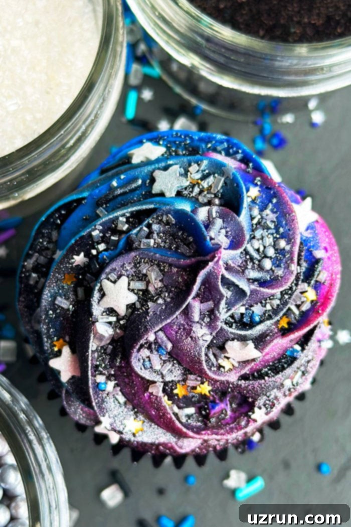 Buttercream Galaxy Cupcakes 8 Cosmic Outer Space Cupcakes With Silver Sprinkles on Black Background- Overhead Shot