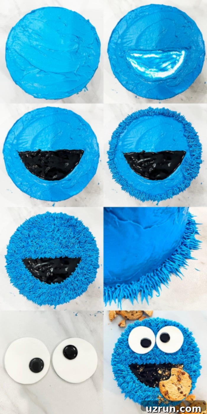 Cookie Monster Cake 3 Step-by-step guide to making Cookie Monster Birthday Cake, showing stages of decoration