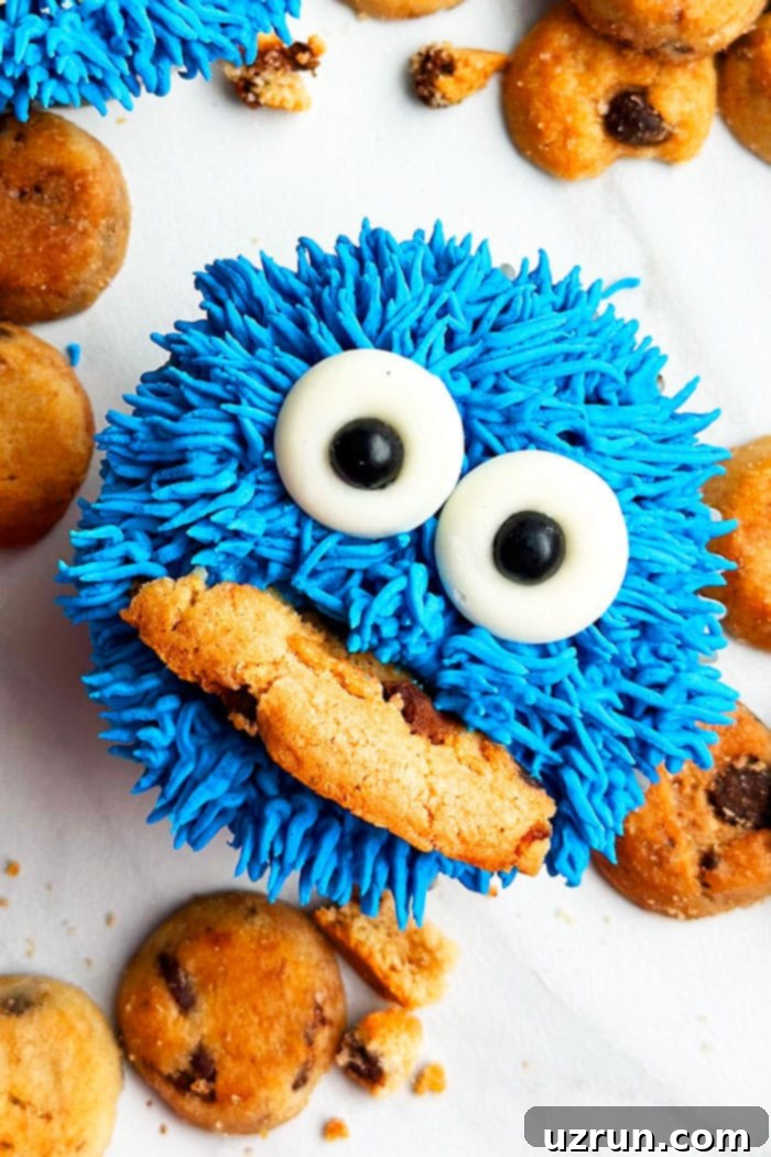 Easy Cookie Monster Cupcakes Piped With Buttercream Icing on White Background