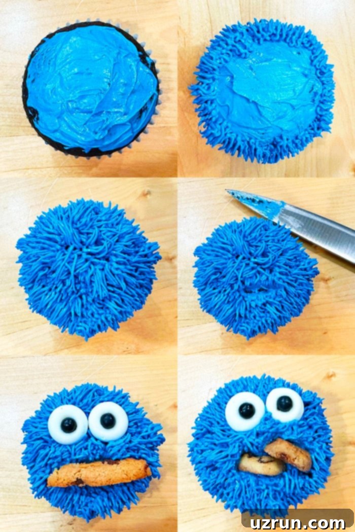 Cookie Monster's Nom Nom Cupcakes 3 Collage Image With Step by Step Pictures on How to Make Cookie Monster Cupcakes (Sesame Street)