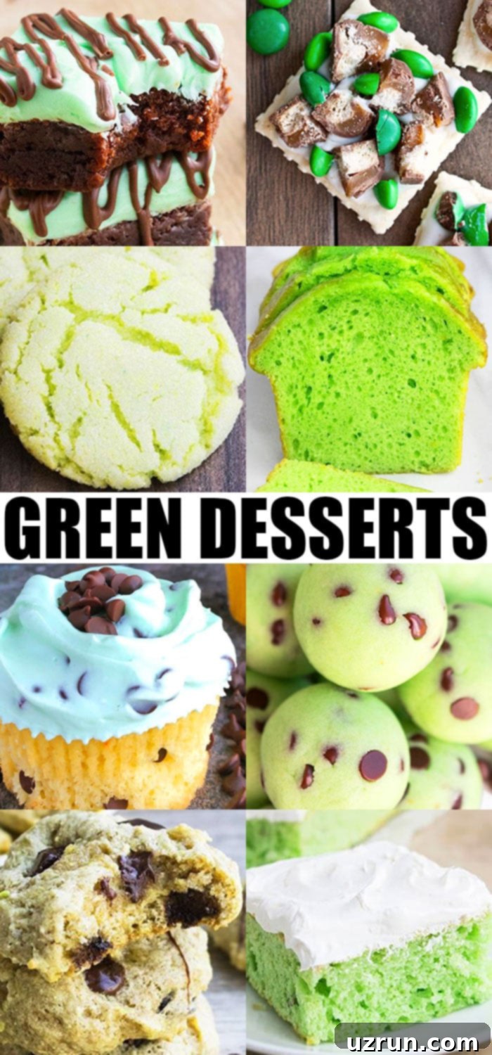 A vibrant collage of various green desserts, including cakes, cookies, and treats, showcasing a range of textures and shades, perfect for St. Patrick's Day celebrations or any green-themed party.