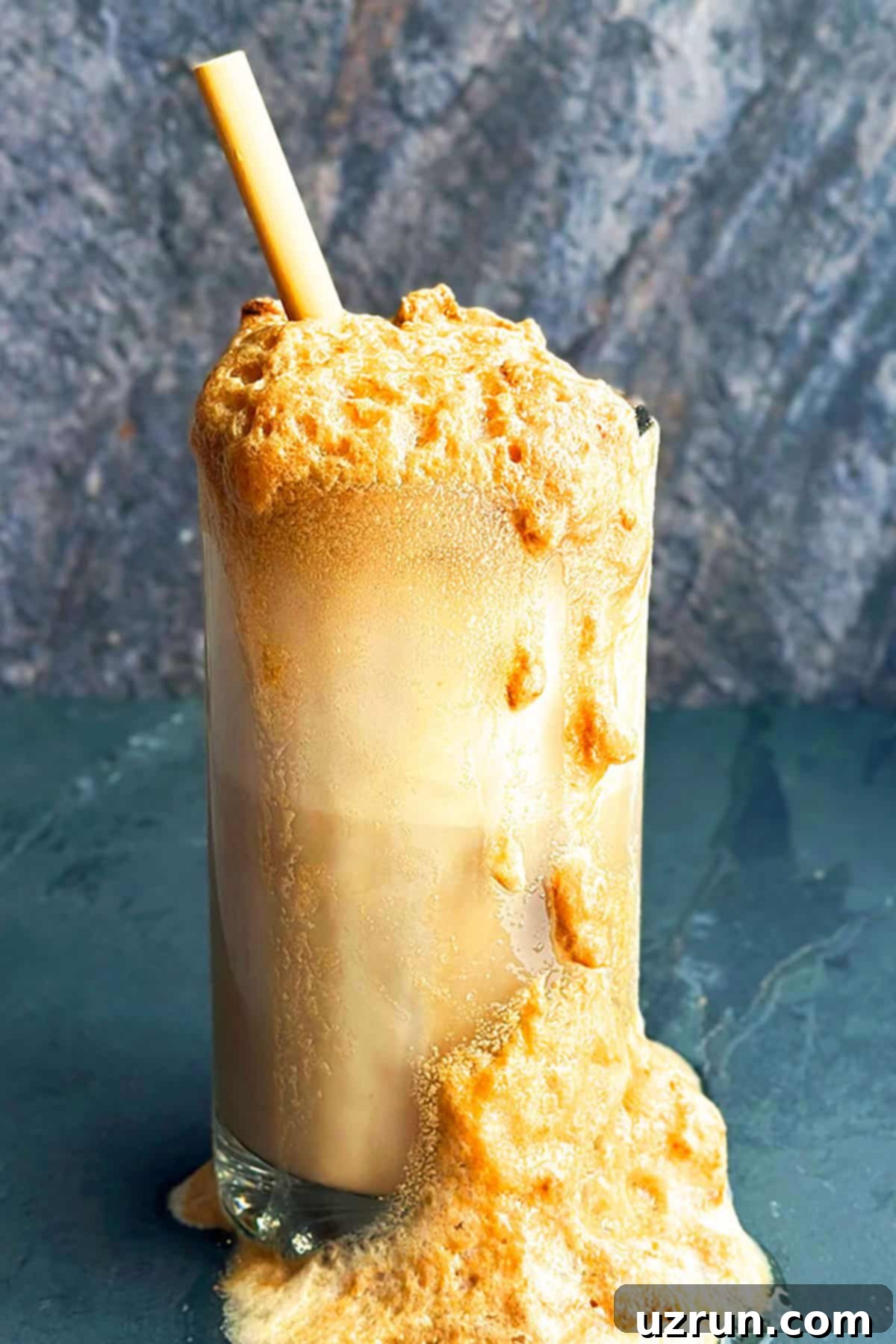 Two Ingredient Root Beer Float 3 Homemade Root Beer Ice Cream Soda With Foams and Bubbles Flowing Out of Big Glass Mug