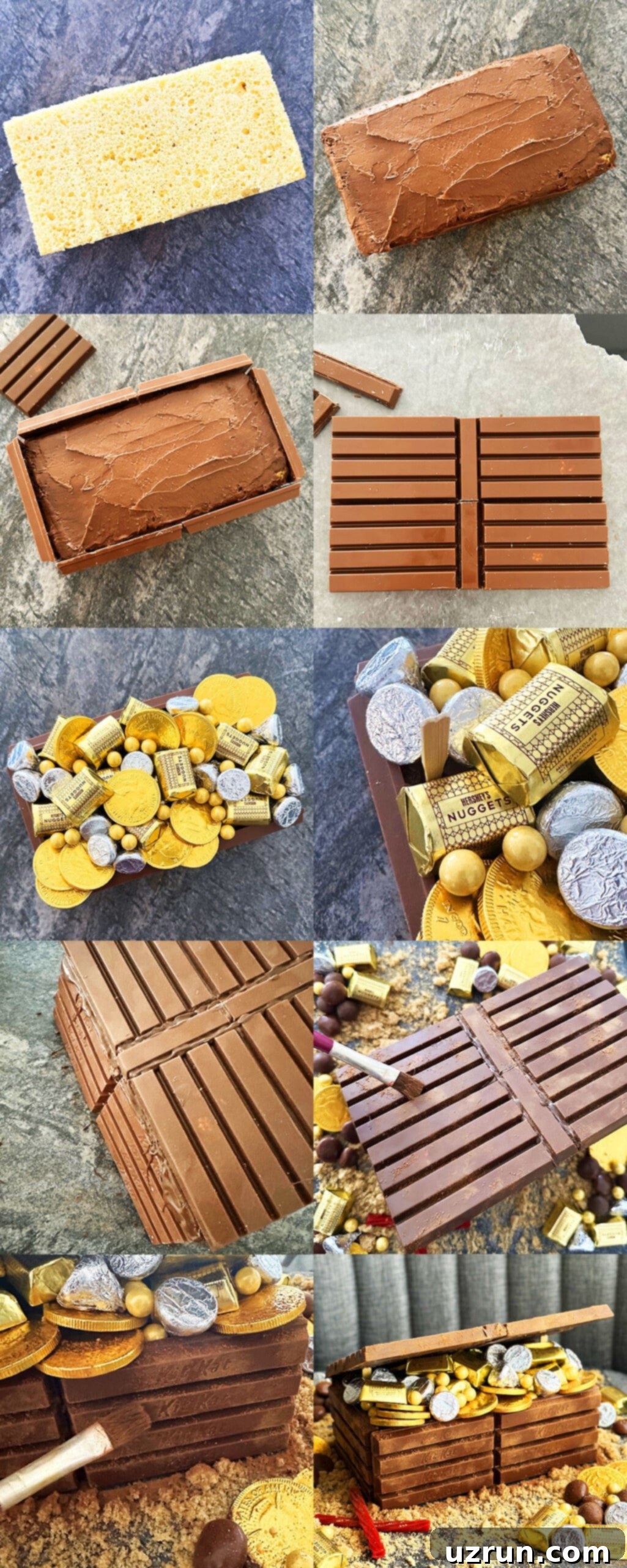 Kit Kat Treasure Chest Cake 3 A step-by-step photo collage illustrating the process of making a Pirate Treasure Chest Cake with Kit Kat bars, from baking to final decoration.