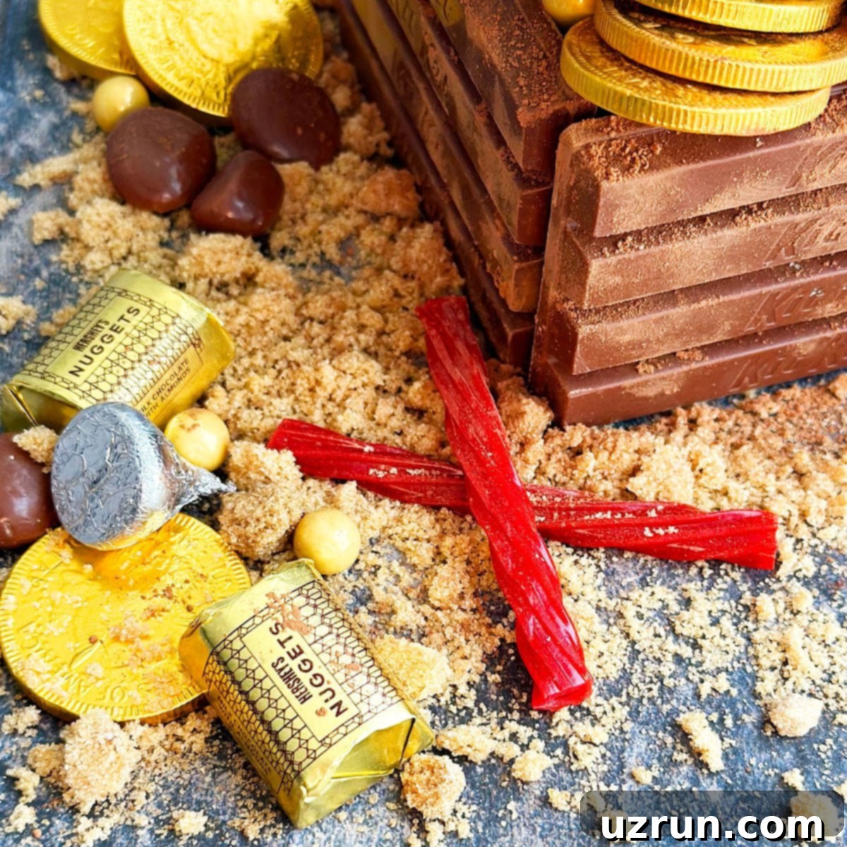 Kit Kat Treasure Chest Cake 5 A close-up shot of the edible hidden pirate treasure decoration, showcasing gold and silver candies spilling from the Kit Kat cake, set on a gray serving board.