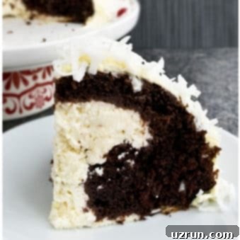 Cheesecake Stuffed Chocolate Snowball Cake 6 Slice of Easy Snowball Cake Stuffed With Cheesecake on White Dish.