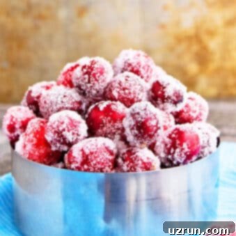 Easy Candied Cranberries 5 Easy Sugared Cranberries in Metallic Bowl on Blue Cloth.
