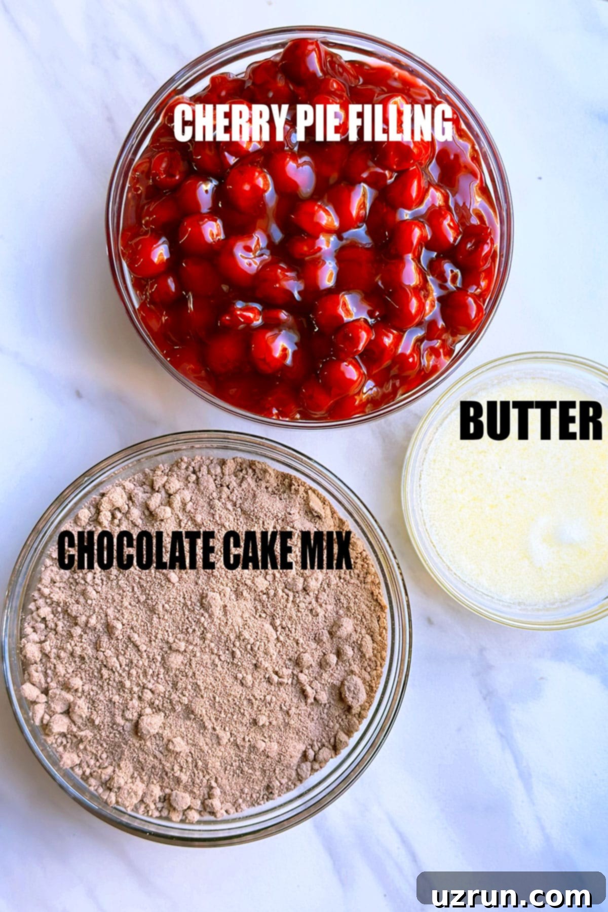 Effortless Chocolate Cherry Dump Cake 3 Ingredients For Dump Cake in Glass Bowls on Marble Background