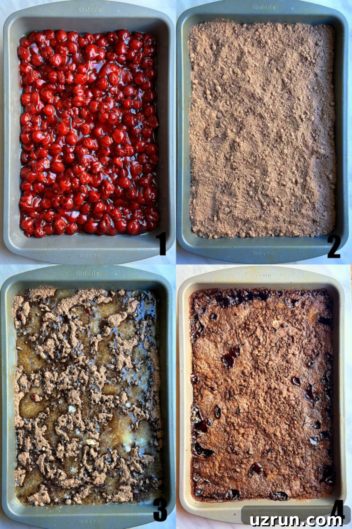 Effortless Chocolate Cherry Dump Cake 4 Collage Image With Step by Step Pictures on How to Make Chocolate Cherry Dump Cake- Process Shots