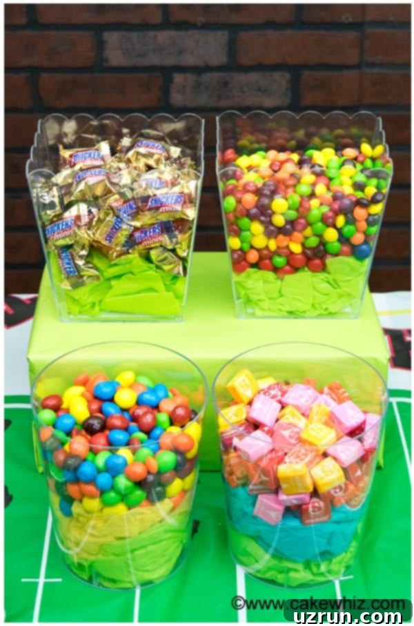 Touchdown Treats: Football Party Cake and Cupcakes 8 Clear Containers With Candies at Sports Party