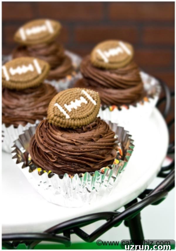 Touchdown Treats: Football Party Cake and Cupcakes 10 Chocolate Cupcakes with Chocolate Frosting, Decorated With Football Toppers