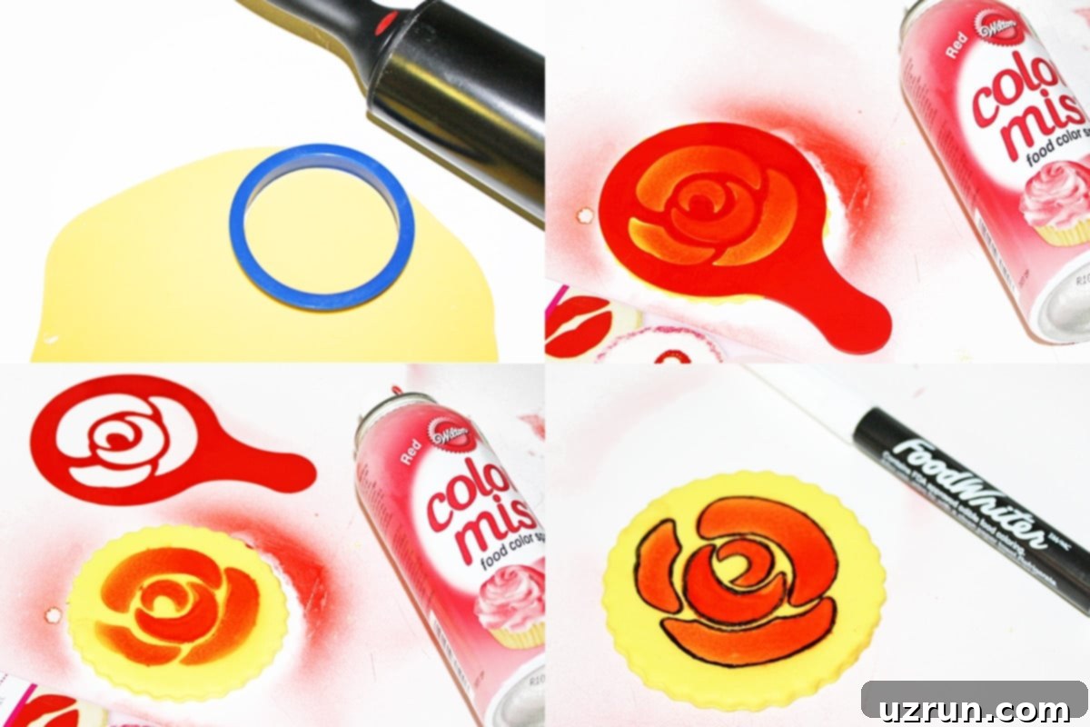 Your Guide to Stunning Stenciled Cakes 3 Collage Image With Step by Step Pictures on How to Use Cake Stencils on Fondant