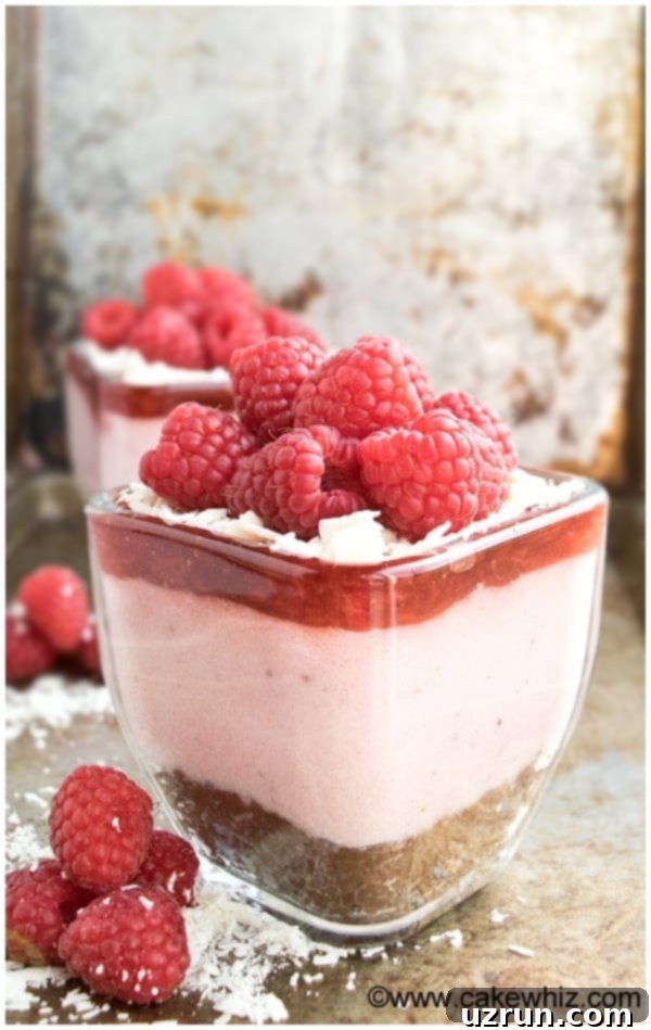 Easy Raspberry Mousse With Gelatin in Glass Cup With Brownie Bottom on Rustic Background