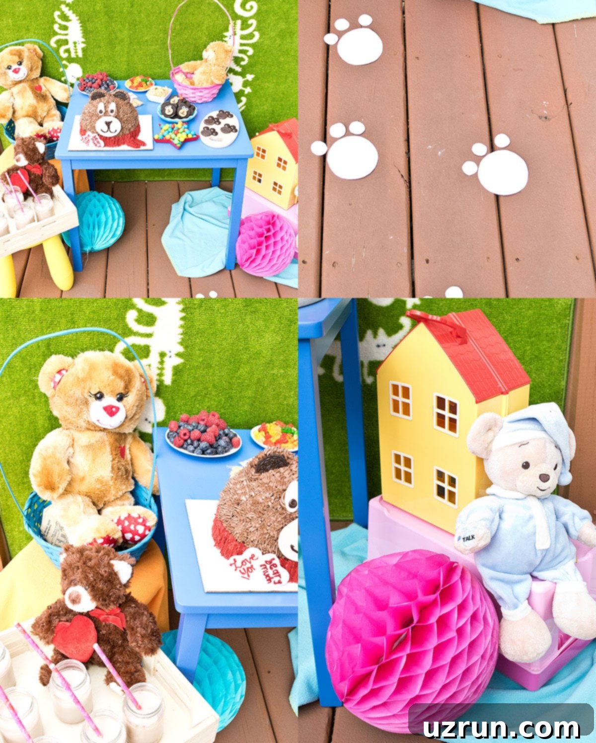 Bake a Beary Easy Party Cake 8 Collage Image With Teddy Bear Party Setup.