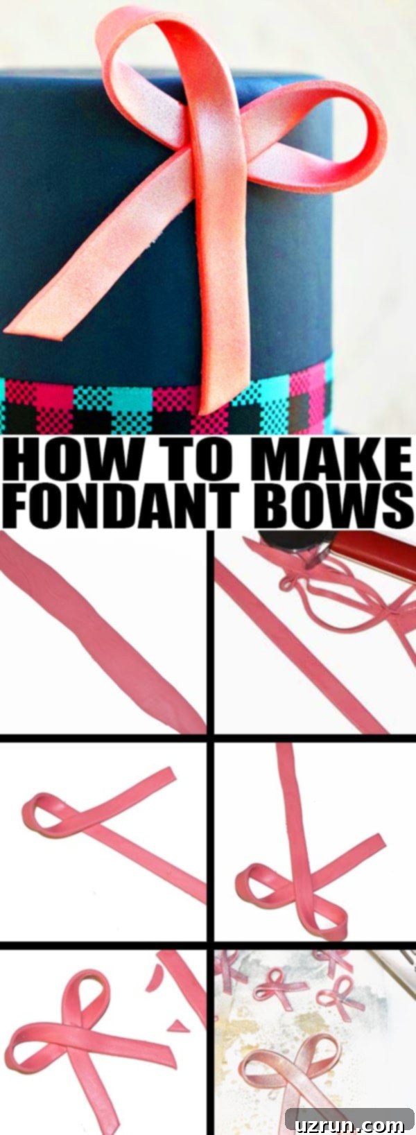 Collage Image With Step by Step Process Shots for How to Make Ribbon Fondant Bows 