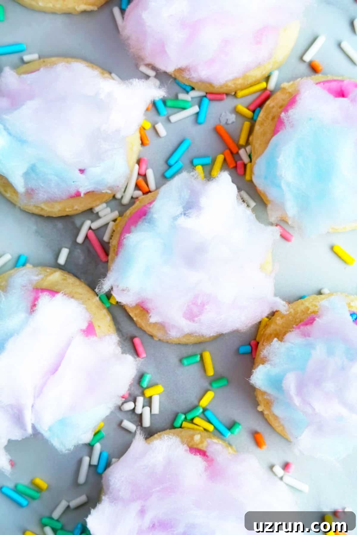 Easy Cotton Candy Cake Mix Cookies 3 Closeup Shot of Cotton Candy on White Marble Background.