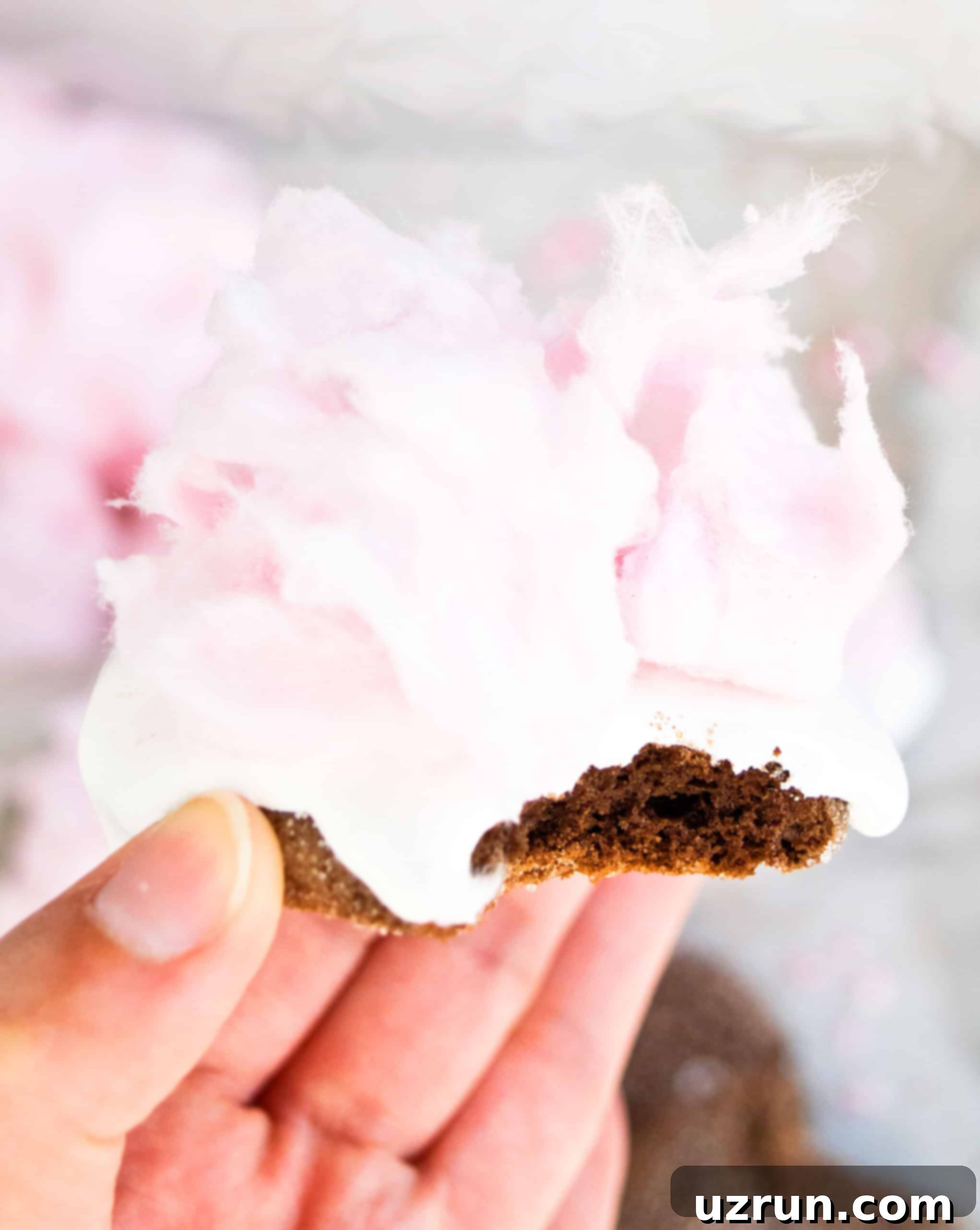 Easy Cotton Candy Cake Mix Cookies 5 Closeup Shot of Partially Eaten Chocolate Cookie With Marshmallow Fluff and Pink Candy.