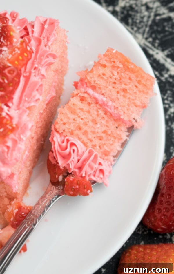 Pink Velvet Strawberry Cake 4 Fork Full of Cake on White Dish- Closeup Shot