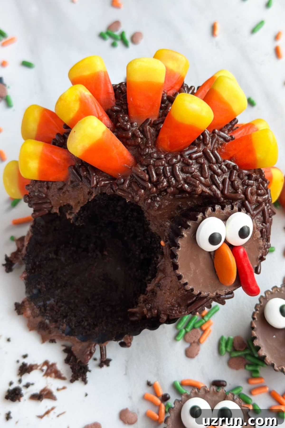 Simple Thanksgiving Turkey Cupcakes 4 Partially Eaten Cupcake on White Marble Background.