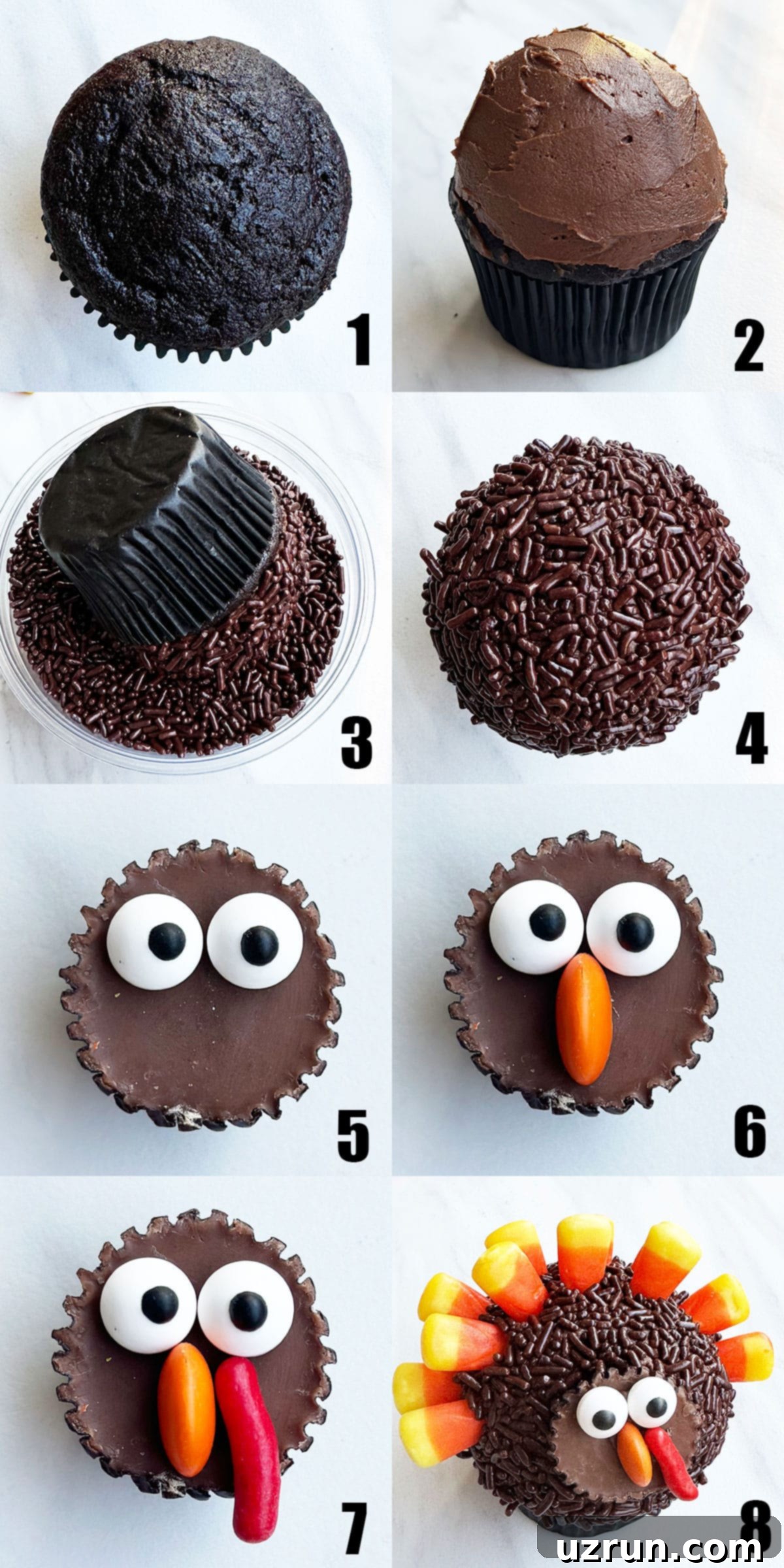 Simple Thanksgiving Turkey Cupcakes 5 Collage Image With Step by Step Pictures on How to Make Thanksgiving Turkey Cupcakes.