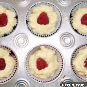 Pillowy Lemon Raspberry Cupcakes 7 Raw cupcake batter with a hidden raspberry inside, neatly placed in cupcake liners within a baking pan.