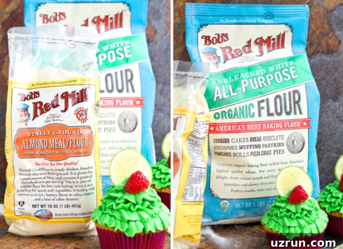 Pillowy Lemon Raspberry Cupcakes 10 A collage image showcasing bags of Bob's Red Mill all-purpose flour and almond flour, highlighting the quality ingredients used in the recipe.
