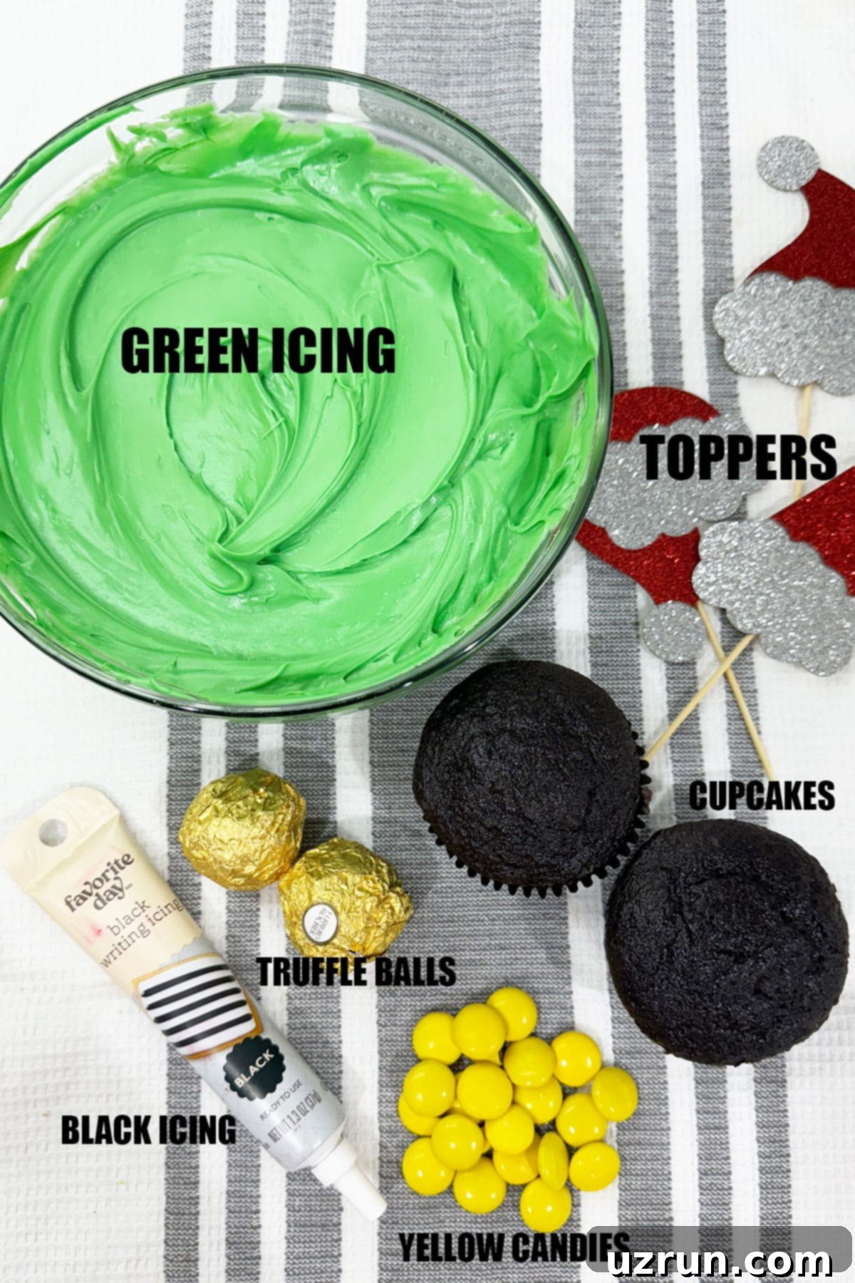 Easy Grinch Cupcakes with Buttercream Icing 3 Ingredients For Decorating Christmas Cupcakes on Striped Towel.