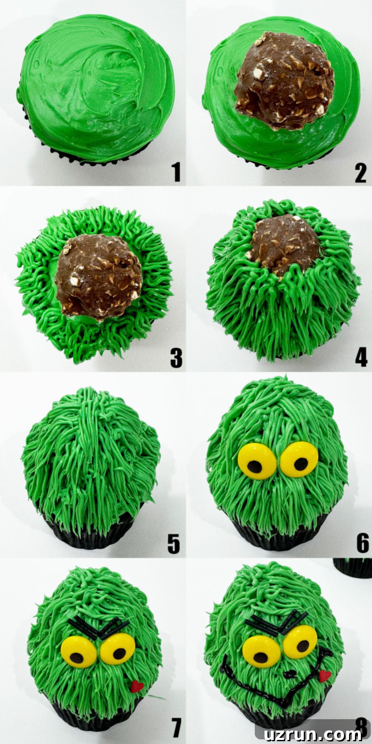 Easy Grinch Cupcakes with Buttercream Icing 5 Collage Image With Step by Step process Shots on How to Make Grinch Cupcakes.
